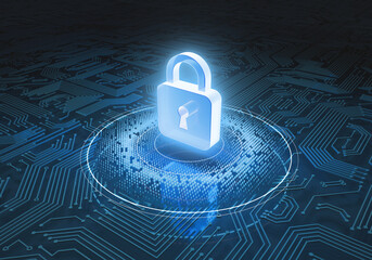 Digital Fortress: Illuminated padlock, showcasing digital security and safeguarding data