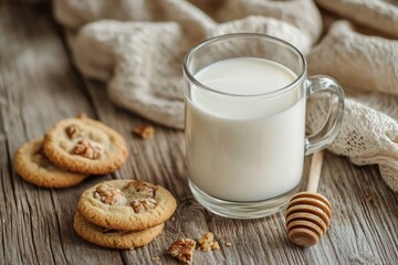 A glass of milk on the table with cookies, close-up, natural lighting, wooden background