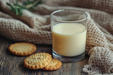 A glass of milk on the table with cookies, close-up, natural lighting, wooden background