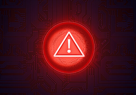 Warning Sign of digital risk: A luminous red warning sign in the shape of a circle with an exclamation mark centered, stands out against a dark tech background