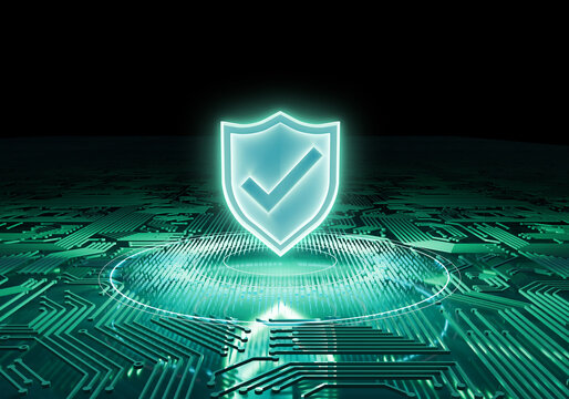 Cybersecurity Shield: A digital shield with a checkmark floats above a complex circuit board, symbolizing online protection, security, and data safety in a futuristic, high-tech setting.