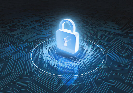 Digital Fortress: Illuminated padlock, showcasing digital security and safeguarding data