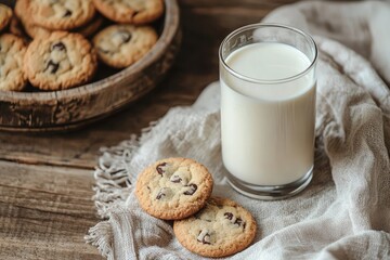 A glass of milk on the table with cookies, close-up, natural lighting, wooden background