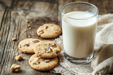 A glass of milk on the table with cookies, close-up, natural lighting, wooden background