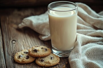 A glass of milk on the table with cookies, close-up, natural lighting, wooden background