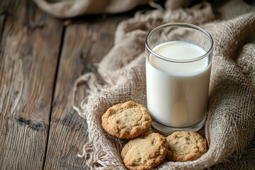 A glass of milk on the table with cookies, close-up, natural lighting, wooden background