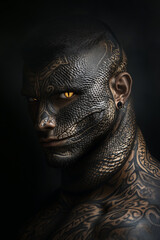 cinematic reptilian character with full body makeup and golden eyes