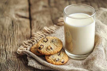 A glass of milk on the table with cookies, close-up, natural lighting, wooden background