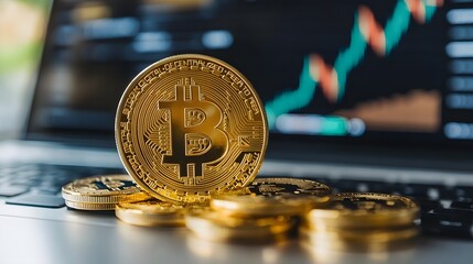 Digital Gold: Bitcoin coins gleam on a laptop keyboard, set against a backdrop of fluctuating market data, symbolizing the dynamic world of cryptocurrency and financial investment. 
