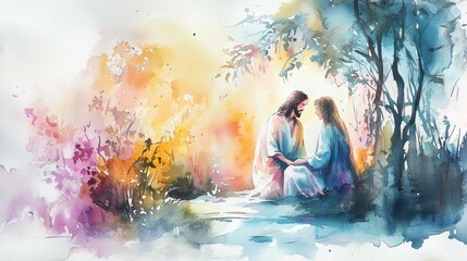 Fototapeta premium A Soulful Watercolor Journey into the Woods: A Woman's Reflection with Nature and Spirituality Captured in Soft Hues