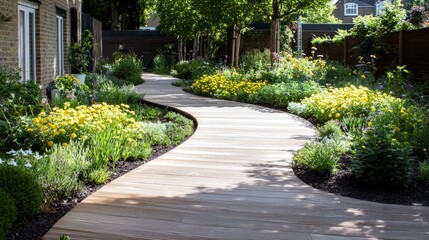 Fototapeta premium Serene Garden Path Wooden Walkway Yellow Flowers Lush Greenery Landscaping Design
