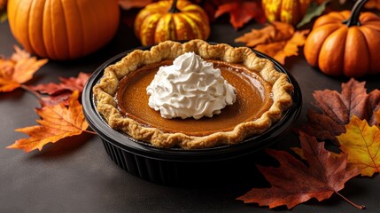 A Delicious Homemade Pumpkin Pie with Whipped Cream in a Black Pan Surrounded by Colorful Autumn Leaves and Small Pumpkins on a Dark Surface