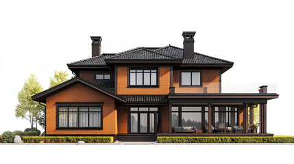 Obraz premium Two story brick house with large windows and porch, surrounded by greenery