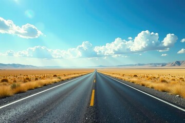 Naklejka premium Straight highway in a vast open plain with a clear blue sky, clouds, sky, open