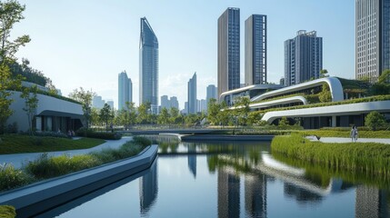 Obraz premium A contemporary urban environment with clean geometric architecture, futuristic towers, integrated green walls, spacious streets, water reflections, and a serene city park in the background, no people,