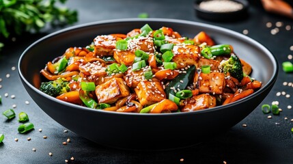 Fototapeta premium Black bowl filled with savory tofu stir-fry featu colorful vegetables, noodles, and garnished with sesame seeds and green onions on dark surface.