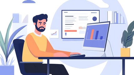 Data Analysis and Modern Workspace: A focused man, engrossed in data analysis, operates his computer within a minimalist, contemporary office setting. Surrounded by charts, graphs.