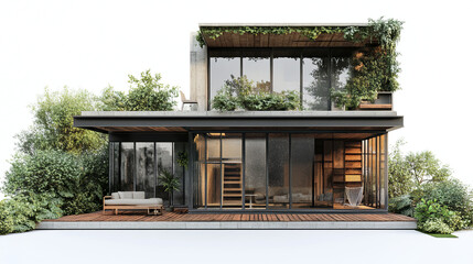 Modern loft style house with greenery and large windows on white background