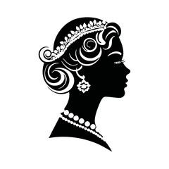 A black and white vector silhouette of a romantic cameo design with vintage charm on a white background