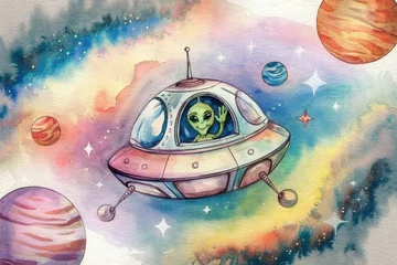 A whimsical watercolor scene of a green alien piloting a flying saucer amid colorful planets and a starry cosmic background.