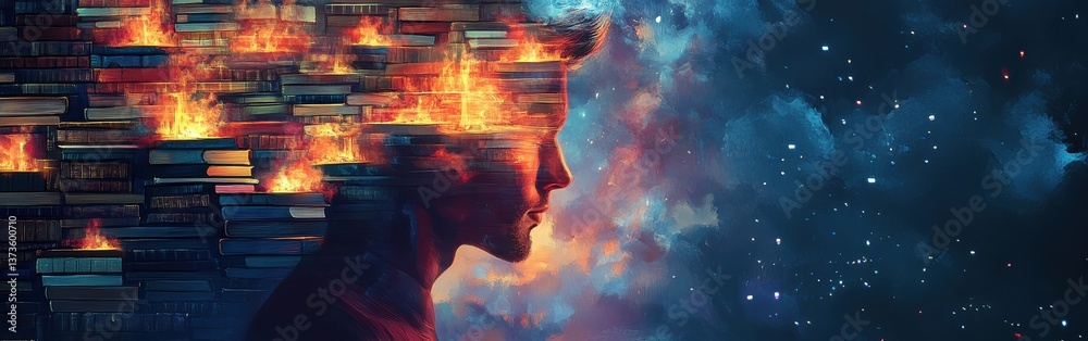 Aufkleber mystical profile of a man intertwined with fiery books and stellar backdrop, evoking imagination and