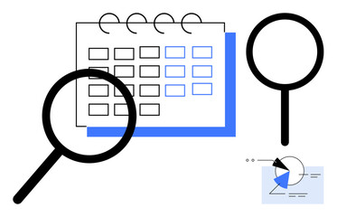 Magnifying glasses focus on a calendar and a data chart, representing analysis, planning, and organization. Ideal for scheduling, time management, strategy, research, data review deadlines flat