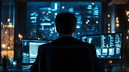 Cyber Intelligence: A focused figure, immersed in the digital realm, examines intricate data patterns displayed on a dual-monitor setup, with a city skyline peering from the windows.