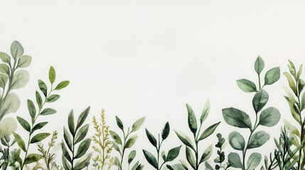 Obraz premium Watercolor Greenery Border, White Background - Minimalist design