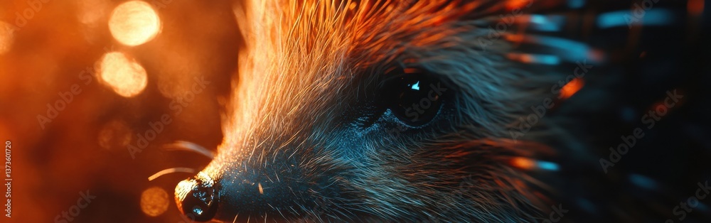 Poster close-up view of a hedgehog's face showcasing its intricate details and natural environment during e