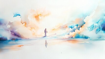 A Profound Watercolor Painting of a Solemn Figure Standing in Water That Captivates Christian Emotions and Reflects Loneliness in a Religious Context Towards a Deeper Spiritual Understanding