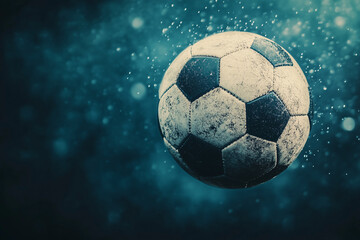 Naklejka premium classic black and white soccer ball suspended mid-air with dramatic lighting and atmospheric particles