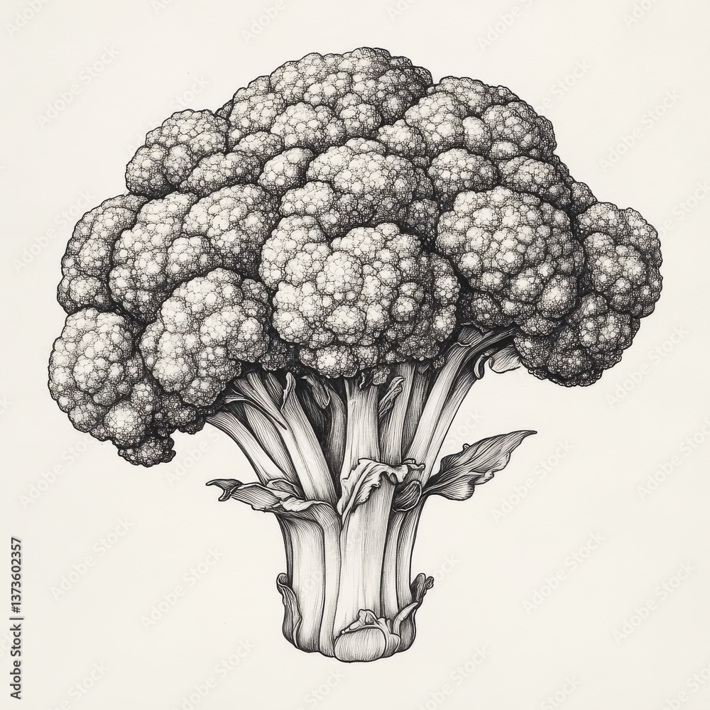Poster detailed depiction of a fresh head of broccoli showcasing intricate florets and a robust stalk