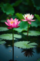 Obraz premium Water lilies and lotus flowers growing in the shallow river, preserved environment, waterlily, flower