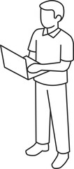 Isometric man line icon standing and using laptop, vector.