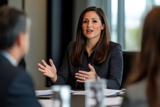confident businesswoman leading meeting in modern office setting