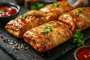 Vegetable puff flaky pastry stuffed with spicy vegetables, served hot with