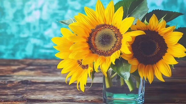 Golden sunflowers in weathered vase on distressed wooden table with blank space, macro details of textured petals and leaves illuminated by soft sunlight. Vintage aesthetic evoking rustic nostalgia fo