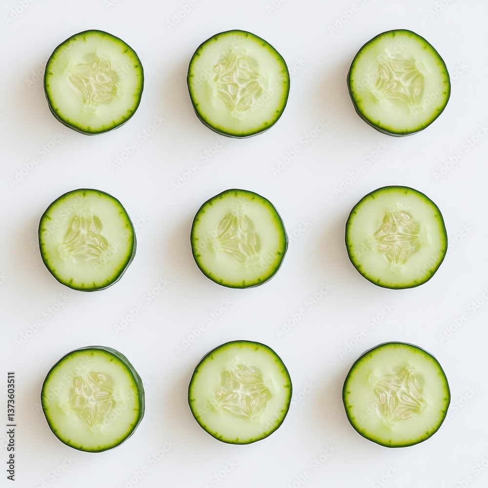 Poster freshly sliced green cucumber rounds arranged neatly on a clean surface for healthy meal preparation