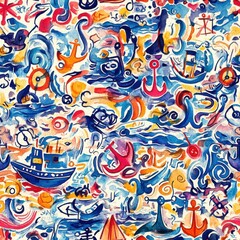 Obraz premium Dynamic watercolor doodle of nautical themes with boats, waves, and anchors, capturing lively ocean activity