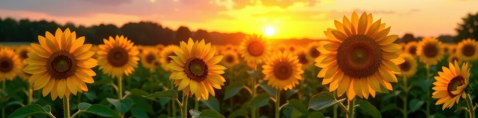 Obraz premium Sunflower field at sunrise with the warmth of the sun on the petals, landscape, morning