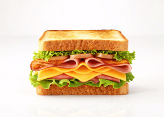 Thick sandwich with ham cheese bacon lettuce and tomato on white background.