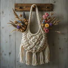 Macrame bag adorned with colorful flowers, hanging elegantly on a wall. GENERATIVE AI