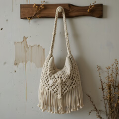  A white macrame bag elegantly hanging on a textured wall, showcasing its intricate knot design. GENERATIVE AI