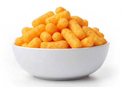 White bowl filled with cheese puffs on white background.