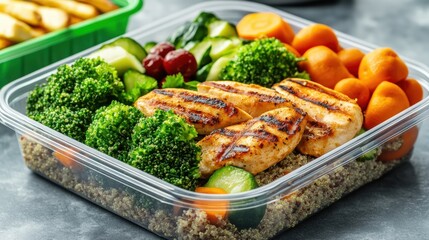 Healthy meal prep with grilled chicken breast, quinoa, broccoli, carrots, cucumbers, and cranberries in a clear plastic container for nutrition.
