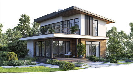 Fototapeta premium Modern two story house with large windows and garden setting