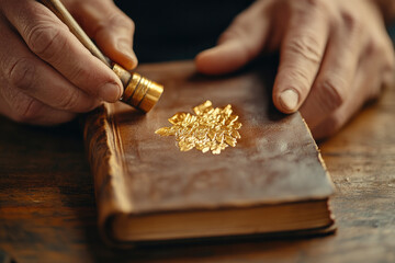 Artisanal craft of bookbinding: close-up of hands pressing gold leaf on leather bound book for luxurious finish