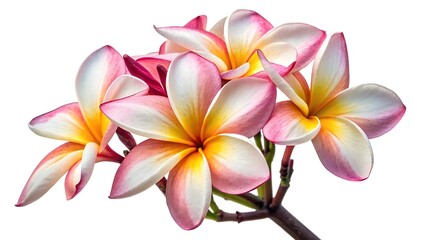 Stunning Close-Up of Pink and White Plumeria Flowers on a Branch Perfect for Floral Arrangements and Nature Photography
