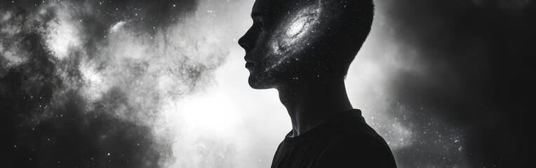 Concept of a man with glowing features reflecting the cosmos against a dark, ethereal backdrop