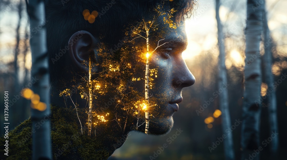Fototapete man with glowing silhouette and forest reflection during twilight in a serene woodland setting
